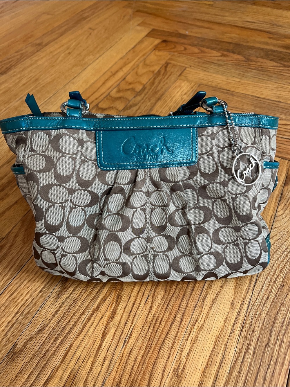 Coach Brown Signature Canvas Shoulder Bag with Teal Trim